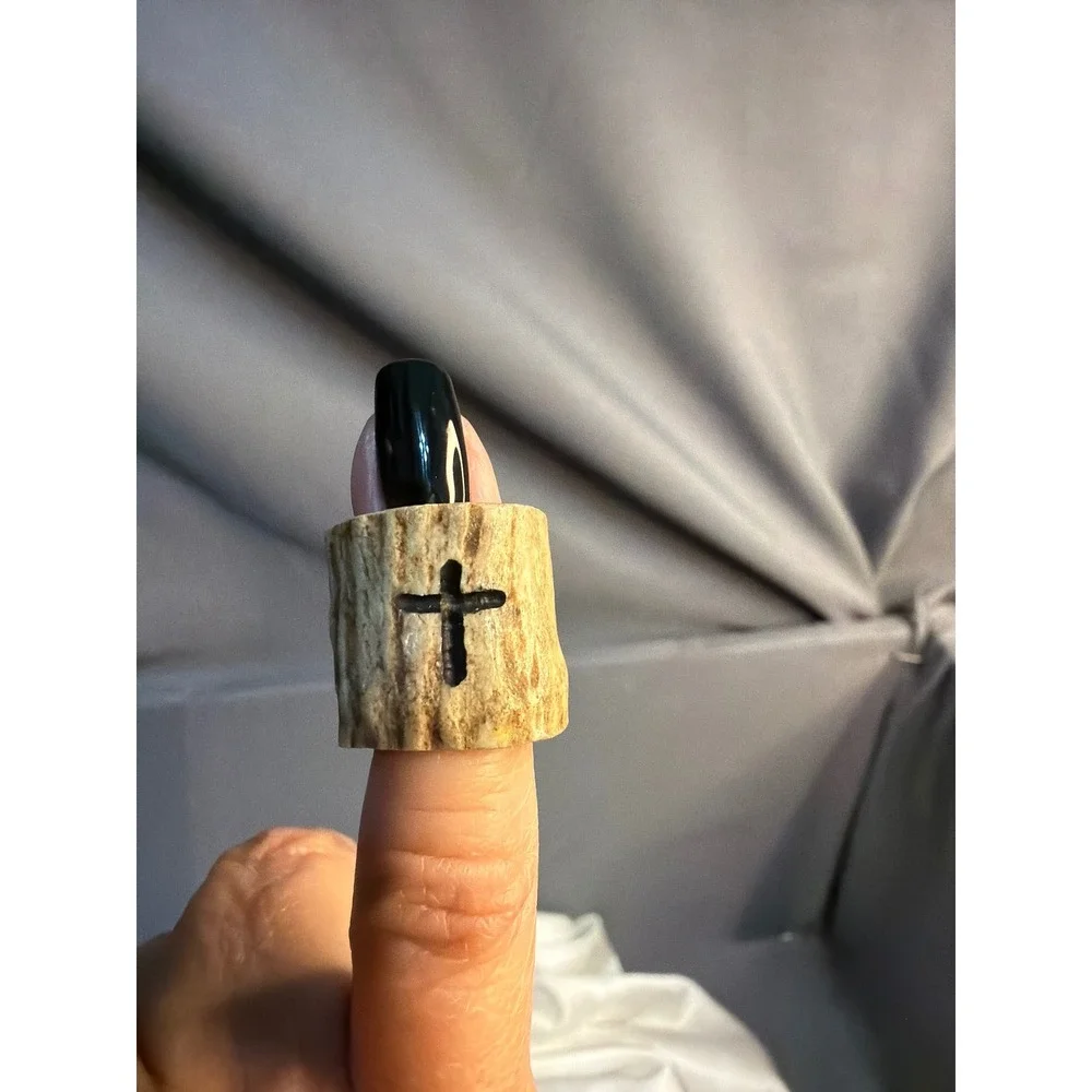 Handmade Deer Antler Ring Carved Cross Rustic Western Faith Band Jewelry